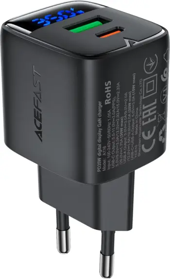 Karikues muri Acefast A116 GaN PD 35W, USB-C + USB-A, me display LED, i zi, në kuti