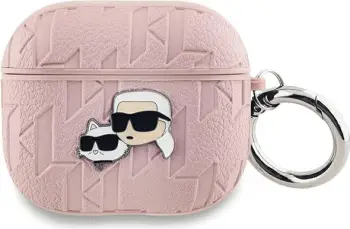 Mbështjellës për AirPods Karl Lagerfeld Monogram Karl & Choupette Head, AirPods 3, eko-lëkurë, me karabinë, rozë, me kuti