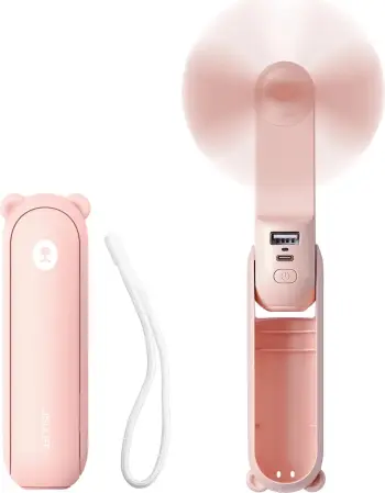 Ventilator dore portativ Jisulife Life8 Plus 4500mAh 3-në-1 (fan + power bank + dritë LED) Rozë, me kabllo USB-C dhe rrip