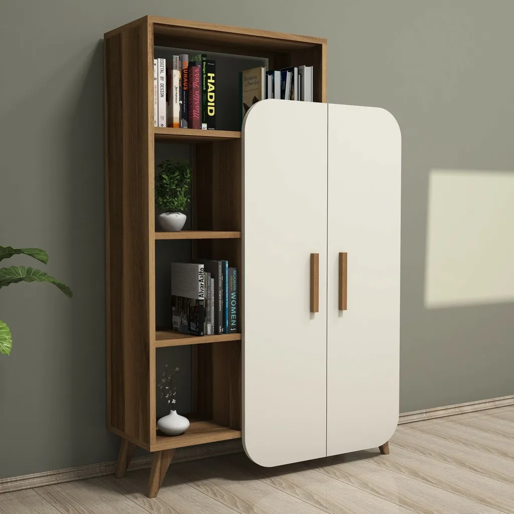 Raft librash Hanah Home, formë moderne, ngjyrë arrë dhe krem - 1