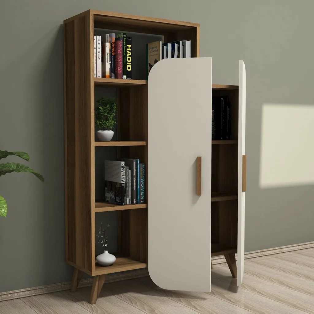 Raft librash Hanah Home, formë moderne, ngjyrë arrë dhe krem - 2