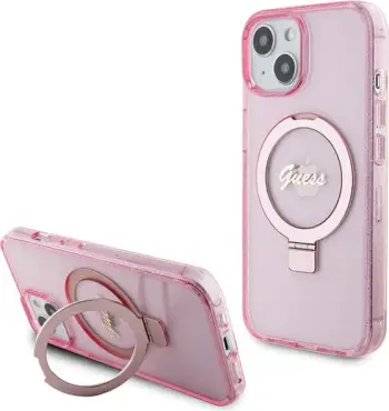 Mbështjellës Guess Ring Stand Script Glitter MagSafe për iPhone 15 Plus / 14 Plus, Rozë