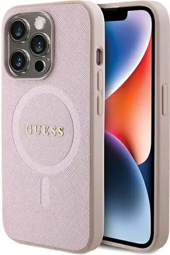 Mbështjellës Guess Saffiano MagSafe për iPhone 15 Pro, Rozë