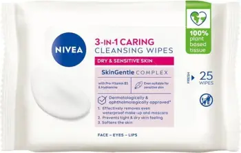 Fletë pastruese për heqje grimi Nivea 3w1 Soothing për femra, 25 copë