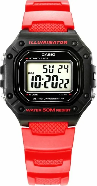 Orë dore për meshkuj Casio W-218H-4B, rrip i kuq, me kuti - 1