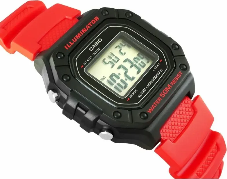 Orë dore për meshkuj Casio W-218H-4B, rrip i kuq, me kuti - 2