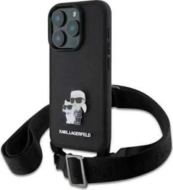 Mbështjellës Karl Lagerfeld Saffiano Karl&Choupette me rrip, për iPhone 16 Pro, i zi