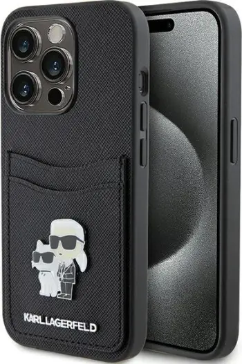 Mbështjellës Karl Lagerfeld Saffiano Cardslot Karl&Choupette Metal Pin për iPhone 15 Pro, i zi