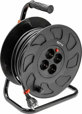 Zgjatues rryme me bobinë GTV AE-SBEBEN-50, 50 m, 4x Schuko, 16A/3500W, me çelës On/Off, e zezë