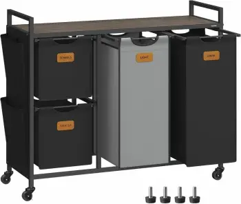 Shportë rrobash VASAGLE BLH203B01 150L me 4 ndarje (2x25L + 2x50L), karrocë me rrota dhe rafte, 98.6×33×80.5 cm, kafe gështenjë/zi/gri