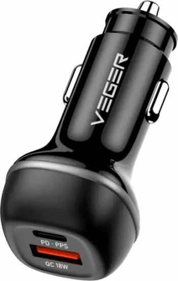 Karikues makinë VEGER Power, 51W, PD 30W, QC 18W, USB C dhe USB A, i zi