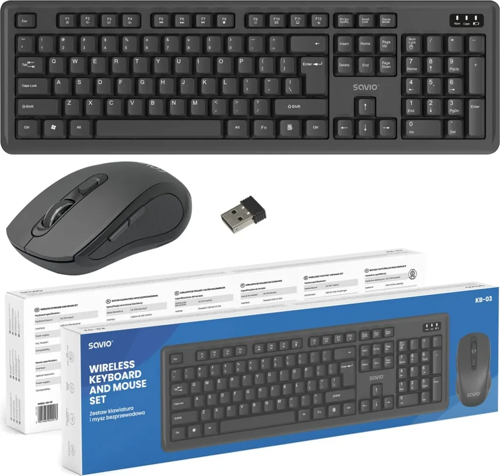 Set tastierë dhe maus wireless Savio KB-03, USB, QWERTY, Anglisht, e zezë - 1