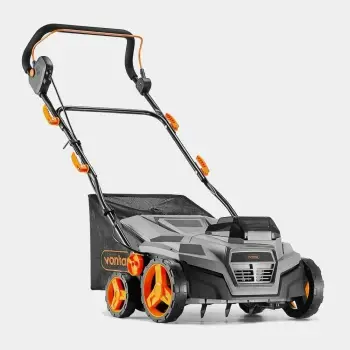 Aerator & vertikuter pa tela 2-në-1 VonHaus 3519009, 40 V (2x20V 4Ah), 38 cm, qese 45 L, set me 2 bateri + karikues dual + 2 tambura, gri/zi me detaje portokalli