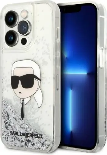 Mbështjellës Karl Lagerfeld Glitter Karl's Head për iPhone 14 Pro Max, argjendtë