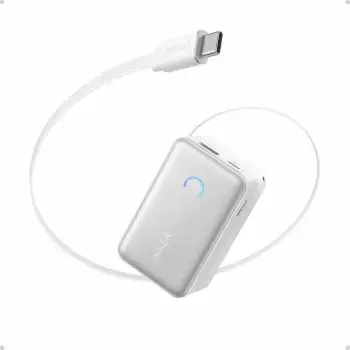 Power bank Anker Nano A1638H21 10000 mAh 45 W me kabllo USB-C t'integrume (tërheqëse), me ekran, i bardhë