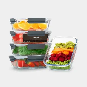 Set enë ruajtje ushqimi prej qelqi VONSHEF 1500124, borosilikat 1050 ml, me kapak hermetik anti-rrjedhje, 5 copë, transparente me kapakë gri