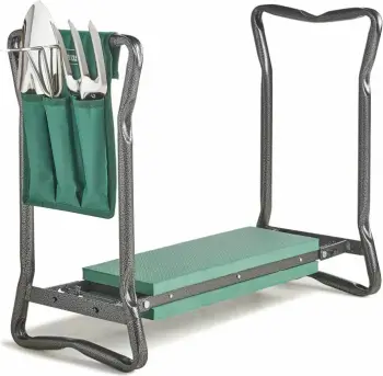Stol/kneeler për kopsht VONHAUS 2-në-1 2515210, i palosshëm, me set veglash, jeshile/gri, set 5 copë