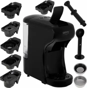 Makinë espresso CAMRY CR4414, multi-kapsulë, 19 bar, 0.6 L, 1450 W, e zezë, set me adapterë kapsulash + filtër kafeje të bluar