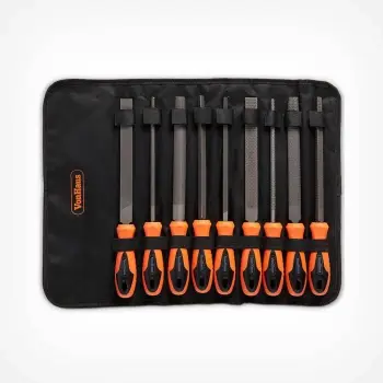 Set turpijash dhe raspash VONHAUS 3500076, 20 cm (8\"), çelik T12, me çantë kanavacë, set 9 copë, zi/portokalli