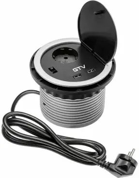 Prizë e integrume GTV AE-BPW1S2UCH-80, 1x220V + 2xUSB, Ø100mm, kabllo 1.54m, IP20, e zezë/argjendtë