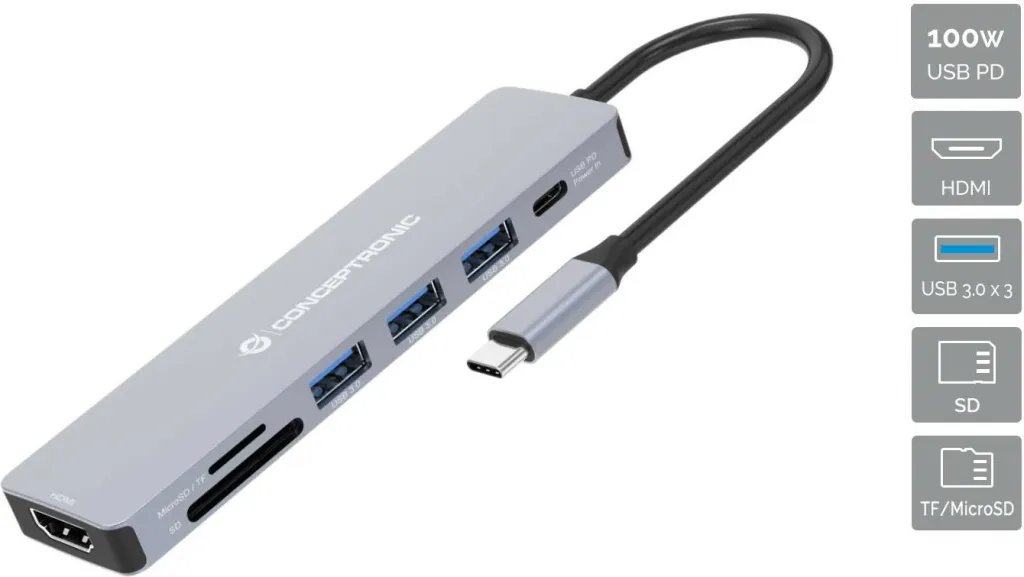 Stacion dokimi Conceptronic 7-1, USB-C në HDMI/3xUSB-A/SD/TF, 25cm, gri - 1