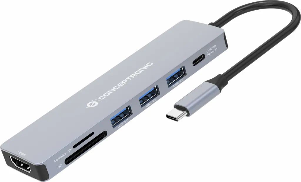Stacion dokimi Conceptronic 7-1, USB-C në HDMI/3xUSB-A/SD/TF, 25cm, gri - 3