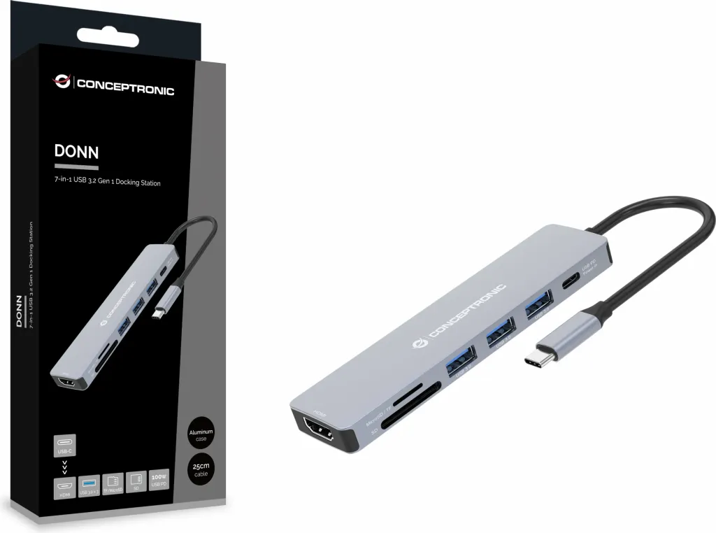 Stacion dokimi Conceptronic 7-1, USB-C në HDMI/3xUSB-A/SD/TF, 25cm, gri - 4