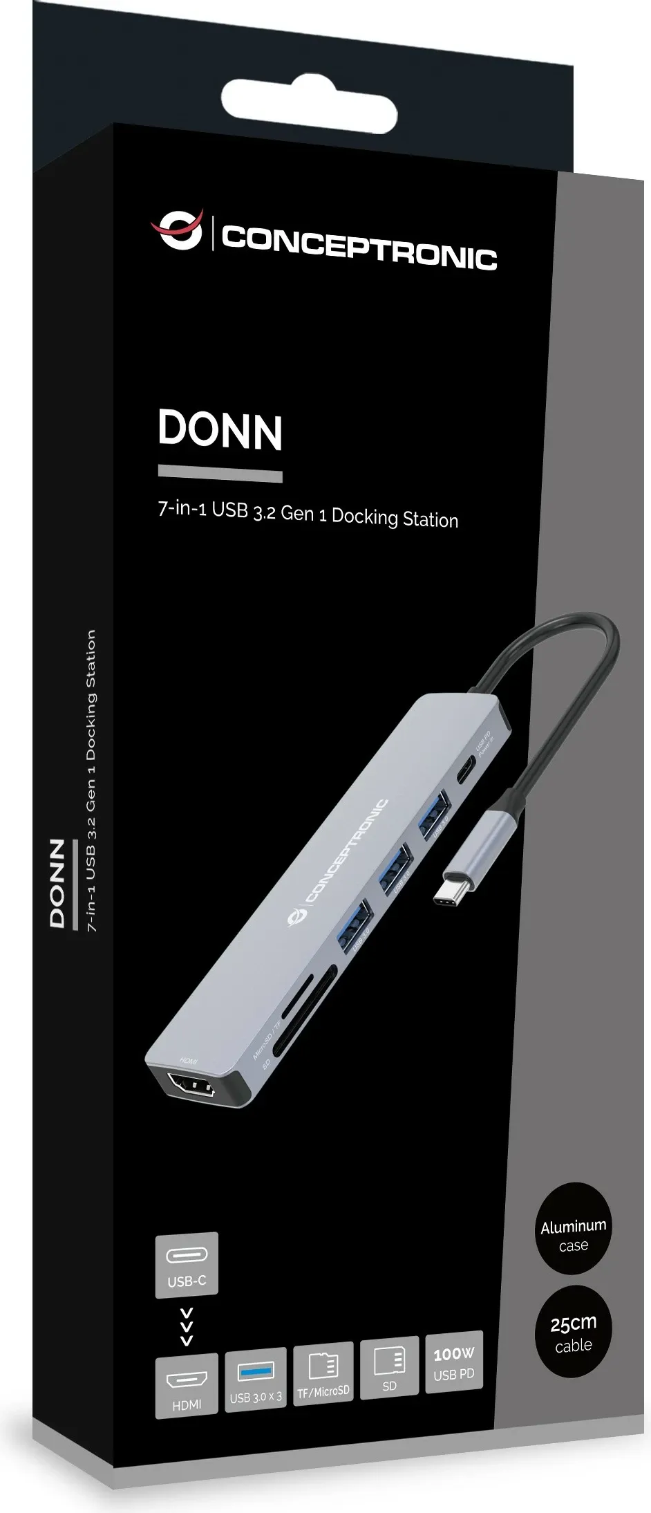 Stacion dokimi Conceptronic 7-1, USB-C në HDMI/3xUSB-A/SD/TF, 25cm, gri - 5