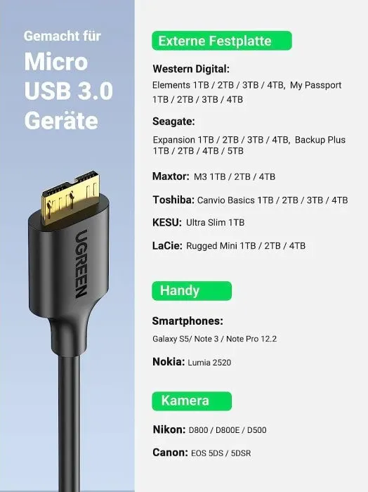 Kabllo USB 3.0 UGREEN 10840 USB-A në Micro-B, 0.5 m, e zezë - 4