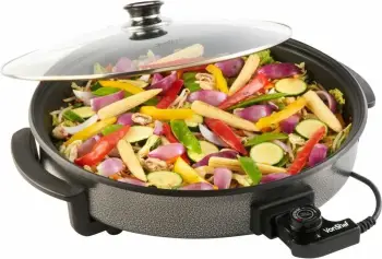 tigan elektrik VONSHEF 2007031, 42cm, 1500W, 5 nivele temperature, kapak qelqi, rrethor, zi/gri (me adapter UK/EU)