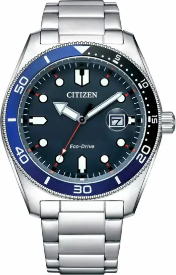 Orë dore sportive meshkuj CITIZEN Marine AW1761-89L, blu e argjendtë, set me kuti