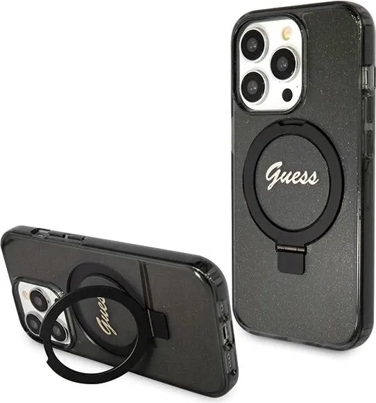 Mbështjellës Guess Ring Stand Script Glitter MagSafe për iPhone 14 Pro Max, i zi - 1