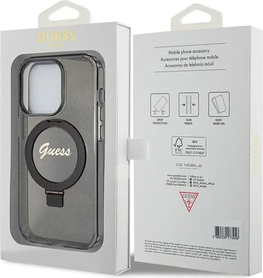 Mbështjellës Guess Ring Stand Script Glitter MagSafe për iPhone 14 Pro Max, i zi - 8