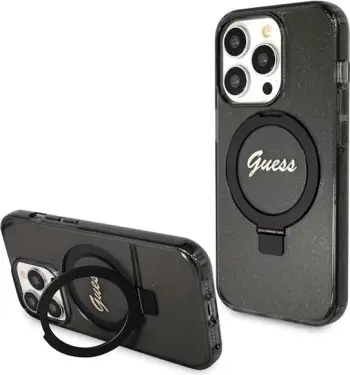 Mbështjellës Guess Ring Stand Script Glitter MagSafe për iPhone 14 Pro Max, i zi