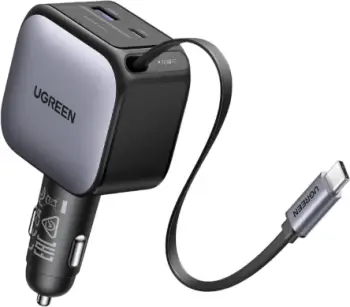Karikues për veturë UGREEN 55212B 60W, kabllo USB-C e integrume me rrotullim 70cm, 1x USB-C + 1x USB-A, GaN, Space Grey