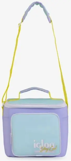 çantë termike IGLOO Soft Retro Square Lunch, kapacitet 9 kanaçe, 22.23×15.24×21.59 cm, pastel vjollcë/bojëqielli me rrip të verdhë