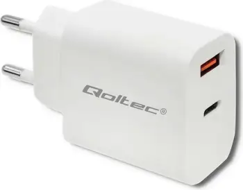 Karikues muri Qoltec 18W, 5-12V, 1.5-3A, USB Type C PD, USB QC 3.0, Bardhë