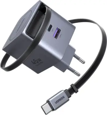 Karikues USB-C GaN UGREEN 65822 45W, 3-portësh, me kabllo tërheqëse 0.7 m, gri