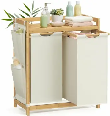 shportë rrobash SONGMICS RLH100W01 100L me 2 ndarje, raft sipër dhe xhepa anësorë, bambu/oxford, 63x33x78 cm, krem e bardhë