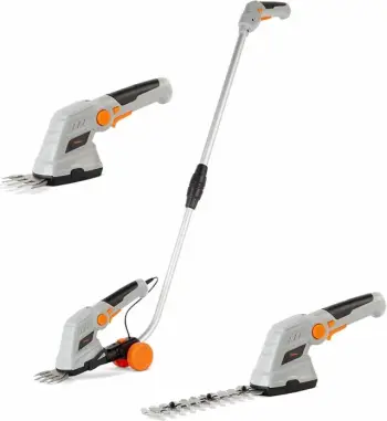 Gërshërë pa kabllo për gardh dhe bar VONHAUS 2500257 2-në-1, teh 170 mm + 90 mm, dorezë teleskopike 85–113 cm, gri/portokalli