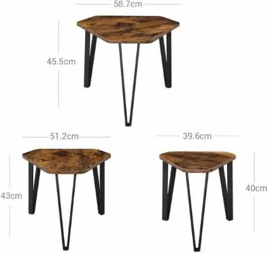 Set tavolinash anësore VASAGLE ALINRU LNT14BXV1, 3 copë, stil industrial/rustik, Rustic Brown/zi - 5