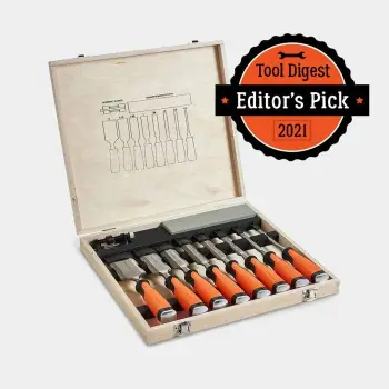 Set daltash për dru VonHaus 3515085, çelik krom-vanadium, me kapak goditjeje metalik, me udhëzues mprehjeje dhe gur mprehës, portokalli/zezë, set 10 copë
