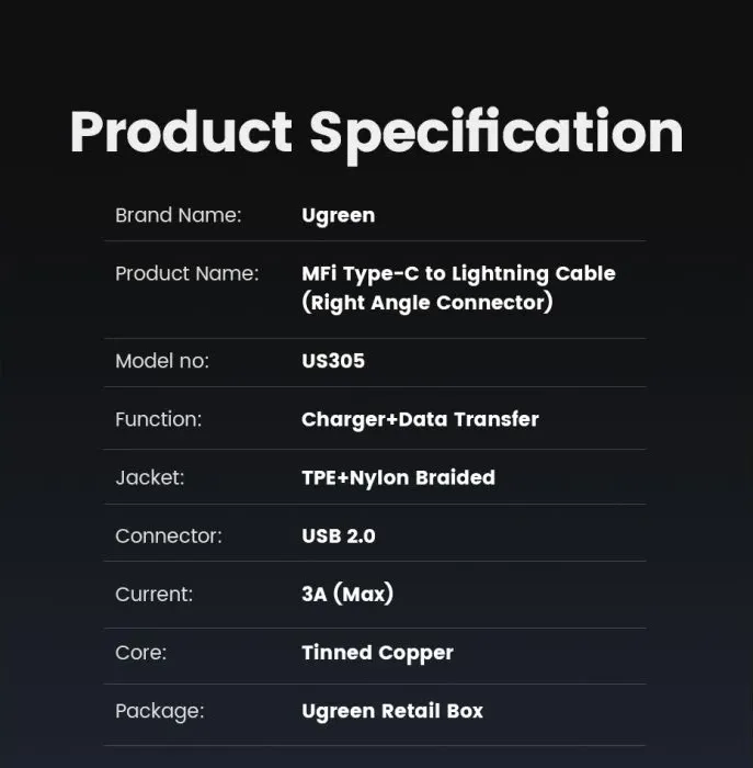 Kabllo spiral USB-C në Lightning UGREEN MFi 60764 1.5m 18W e zezë, box - 7