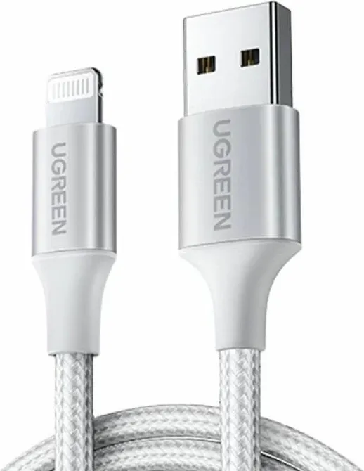 Kabllo Lightning në USB-A UGREEN 60162, 1.5 m, e thurur, MFi, USB 2.0, bardhë-argjend, në kuti - 1