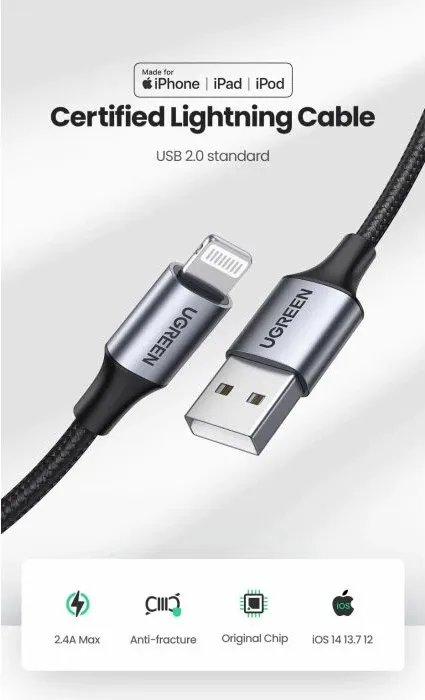 Kabllo Lightning në USB-A UGREEN 60162, 1.5 m, e thurur, MFi, USB 2.0, bardhë-argjend, në kuti - 2