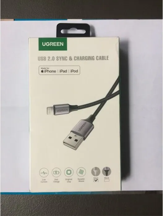 Kabllo Lightning në USB-A UGREEN 60162, 1.5 m, e thurur, MFi, USB 2.0, bardhë-argjend, në kuti - 4