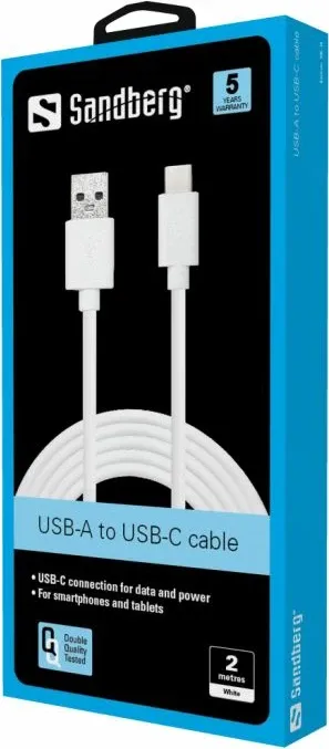 Kabllo Sandberg USB-C 3.1 në USB-A 3.0 136-14, 2 m, 60 W, 5 Gbps, e bardhë - 2