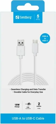 Kabllo Sandberg USB-C 3.1 në USB-A 3.0 136-14, 2 m, 60 W, 5 Gbps, e bardhë - 3