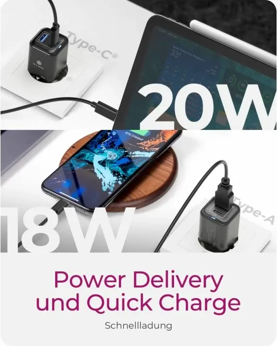 Karikues ICYBOX IB-PS1020-PD 20W, USB-C PD + USB-A, i zi, set 1 copë - 4