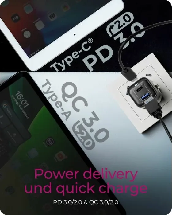 Karikues ICYBOX IB-PS1020-PD 20W, USB-C PD + USB-A, i zi, set 1 copë - 6